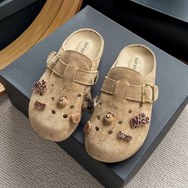 Shoezia™ Cozy Bear Clogs – Suede Slip-On with Cute Charms
